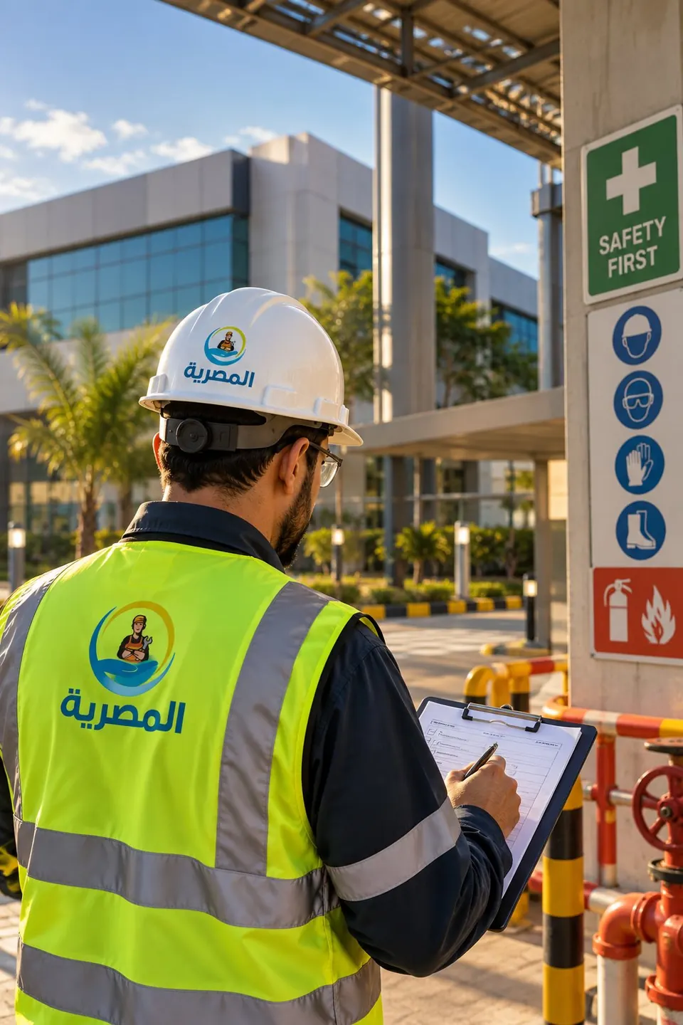 مهندس سلامة وصحة مهنية بسترة عاكسة وخوذة تحمل شعار المصرية يسجّل ملاحظات على لوح استلام أمام لافتات السلامة