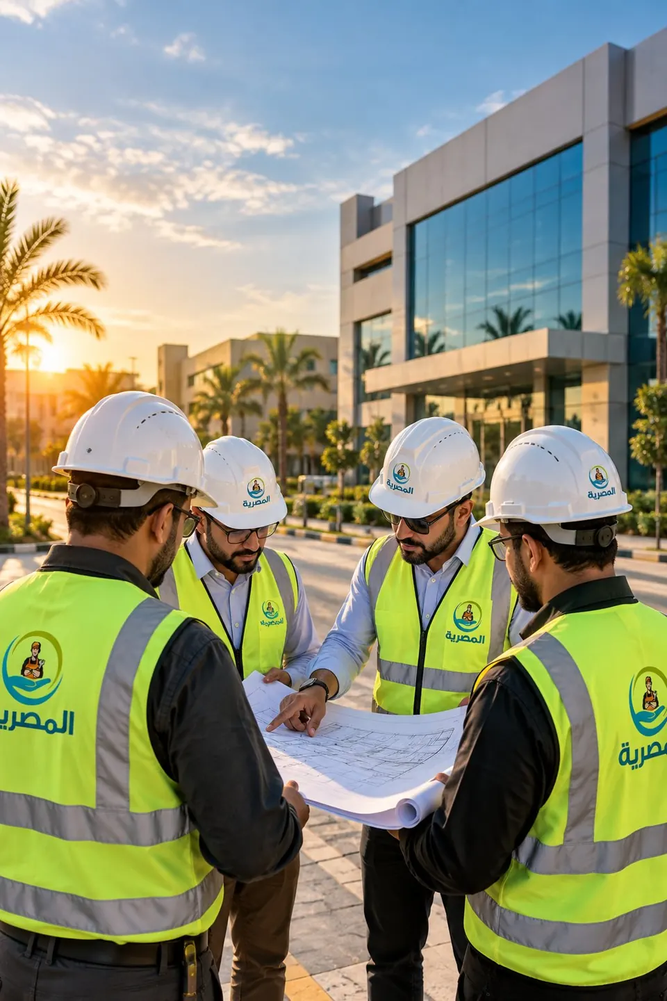 فريق مهندسي المصرية بسترات عاكسة وخوذ يراجع المخططات أمام مبنى المنشأة
